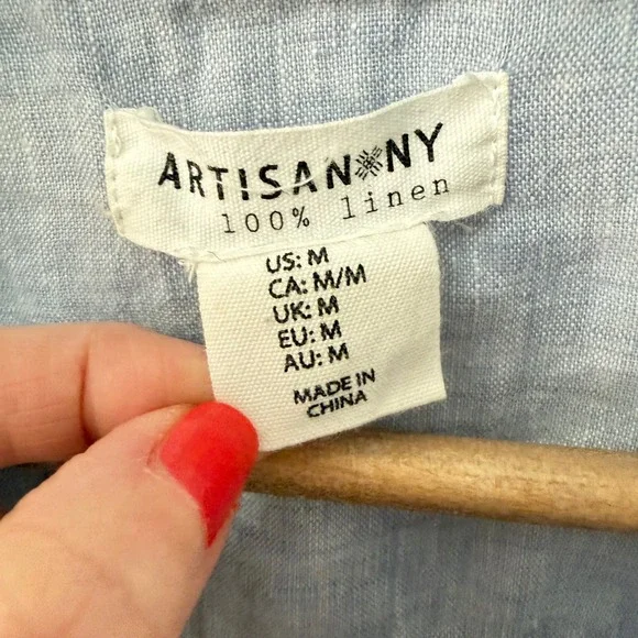 Artisan NY Button Up Top Size M Blue 100% Linen Short Sleeve Relaxed Fit Shirt - Picture 4 of 4
